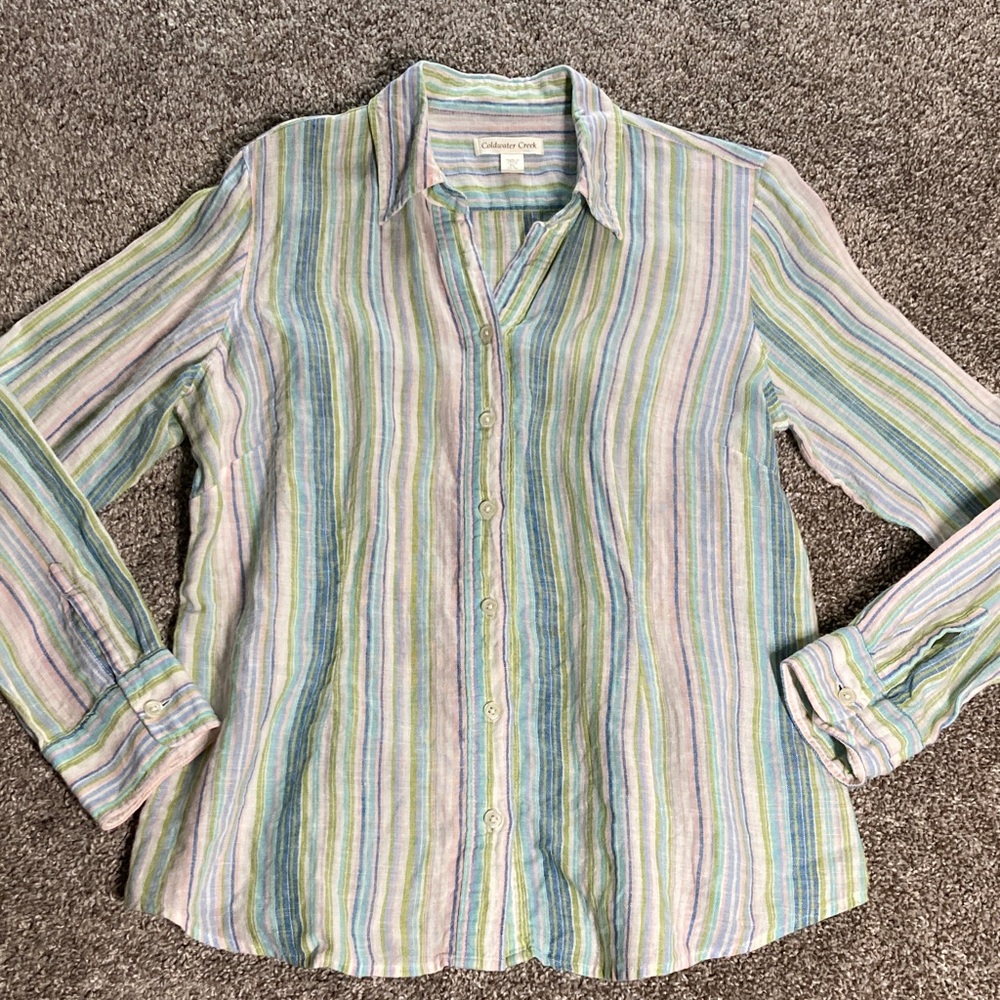Coldwater Creek Linen Rayon Blend Pastel Stripe Long Sleeve Boho Shirt PL